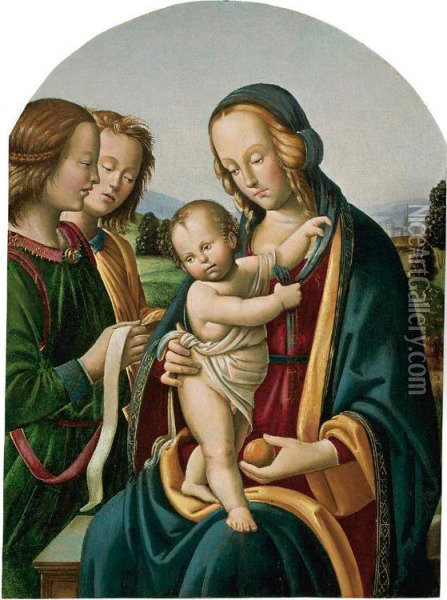 Madonna And Child With Two Angels Oil Painting - Giovanni Maria B. Di Rocco Zoppo
