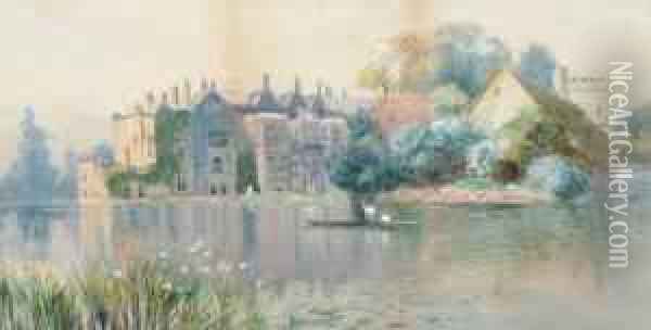 Attributed To William Matthison -- Punting On A River By A Manor House; Watercolour, 24.7x45.5cm Oil Painting - William Matthison