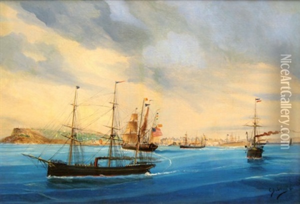 Navires Americain Et Espagnol Devant Le Havre Et Sainte Adresse Oil Painting - Cheri Francois Marguerite Dubreuil