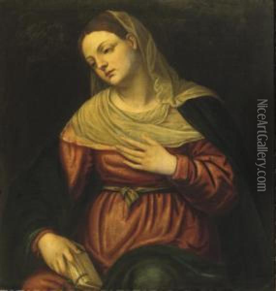 The Virgin Contemplating With A Book In Her Hand Oil Painting - Alessandro Bonvicino (Moretto da Brescia)