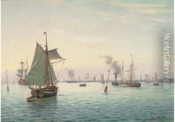 Shipping Off Copenhagen Oil Painting - Johan Jens Neumann