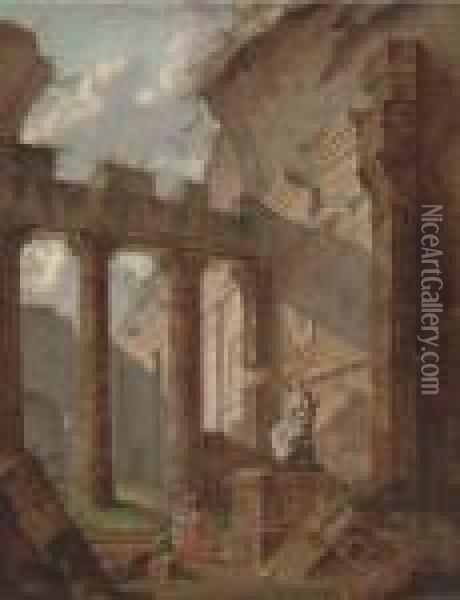 A Capriccio Of Classical Ruins With Figures By A Statue Oil Painting - Hubert Robert