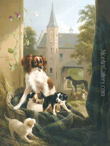 A mother and her litter in a castle court yard Oil Painting - Henriette Ronner-Knip