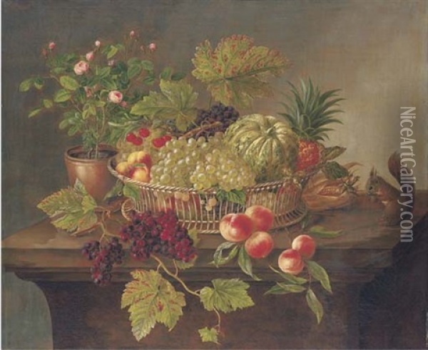 Grapes, Pineapple, Melon And Peaches In A Basket With A Squirrel And A Rosebush On A Table Oil Painting - Hanne Hellesen