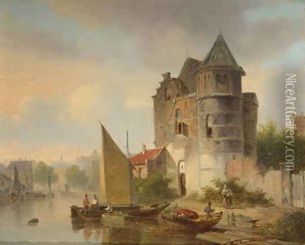 Villagers unloading cargo vessels on a river by a fortified mansion Oil Painting - Bartholomeus Johannes Van Hove