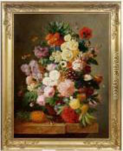 Bouquet De Fleurs Et Ananas Sur Un Entablement Oil Painting - Jan Frans Eliaerts