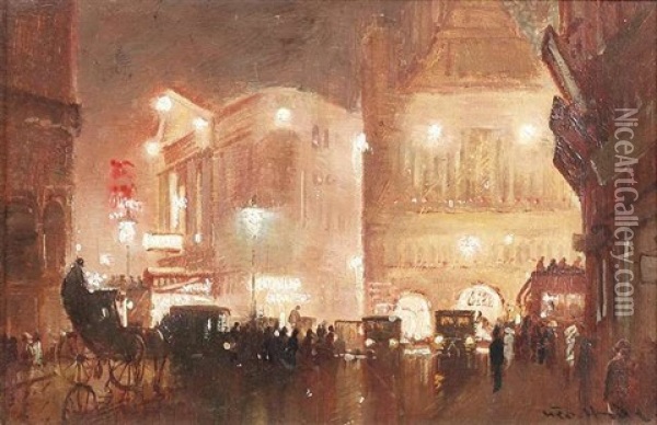 Piccadilly Circus Bei Nacht (+ 2 Others; Set Of 3) Oil Painting - George Hyde Pownall