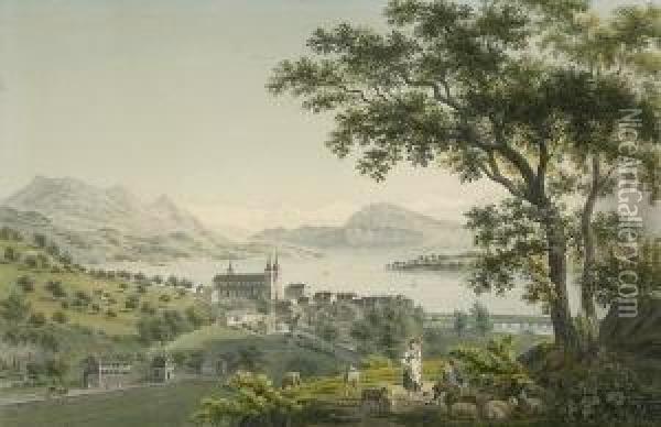 Blick Auf Luzern Und Den
 Vierwaldstattersee. Oil Painting - Johann Jakob Sperli