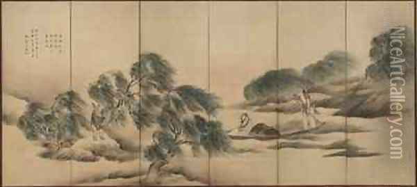 Fishing on a River after Rain, Edo period Oil Painting - Yosa (T.Y. Shinsho) Buson