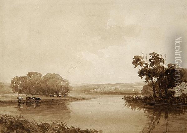 River Scene With Trees And Cattle Oil Painting - Thomas Lound