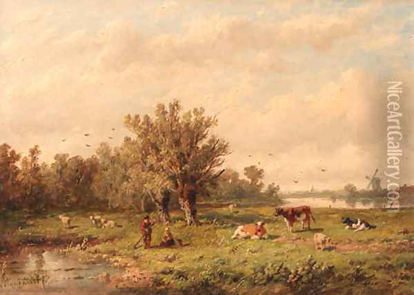 A landscape with a peasant couple and cattle Oil Painting - Anthonie Jacobus van Wyngaerdt