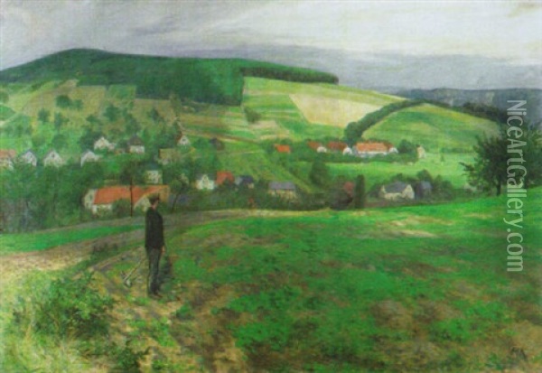 Bauer Am Feldrand Vor Einem Dorf Oil Painting - Friedrich Kallmorgen