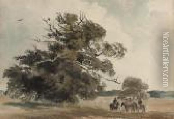 Riders Resting By A Large Tree Oil Painting - Peter de Wint