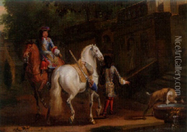 An Elegant Horseman Preparing To Depart Oil Painting - Adam Frans van der Meulen