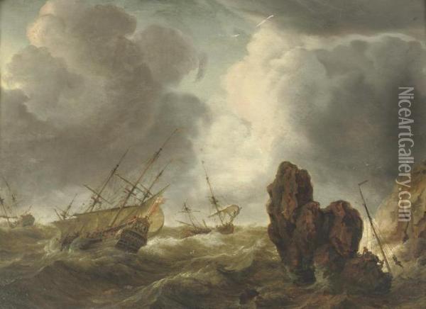 Shipping In Stormy Waters Near A Rocky Coast Oil Painting - Abraham Storck