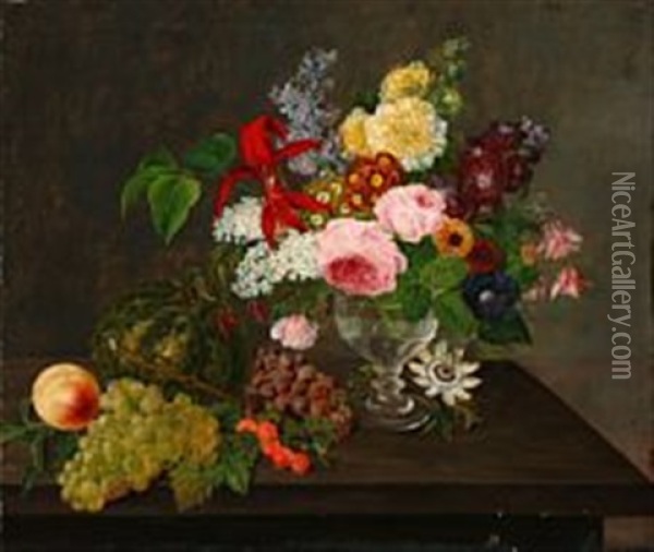 Still Life With Summer Flowers In A Vase And Grapes, Melon, Peach And Gooseberries On A Table Oil Painting - Johannes Ludwig Camradt