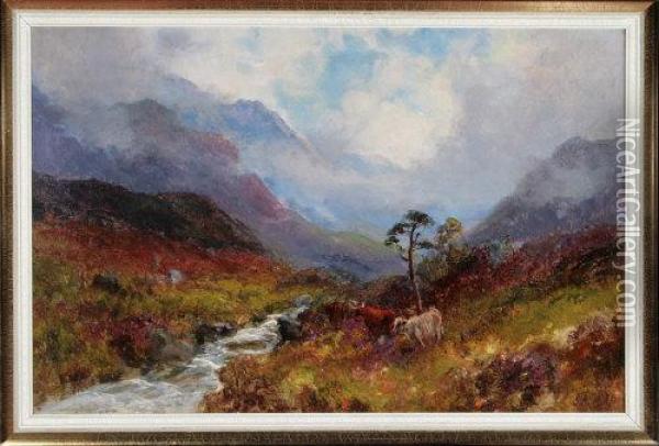 Highland Cattle By A Misty Moorland Burn Oil Painting - John Falconar Slater