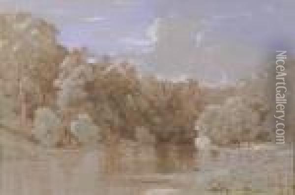 Lake Scene, Wyborne Park, Devon Oil Painting - Henry Bright