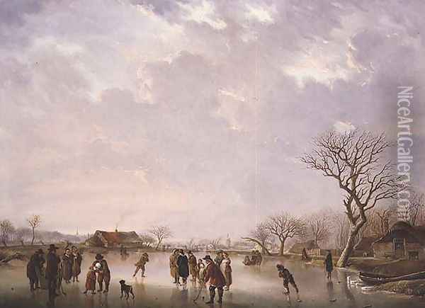 Winter Scene with Hockey Players and Other Figures Oil Painting - Andries Vermeulen