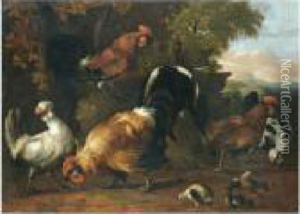 A Farmyard Scene With Hens, Cockerels, Chicks In A Landscape Oil Painting - Melchior de Hondecoeter