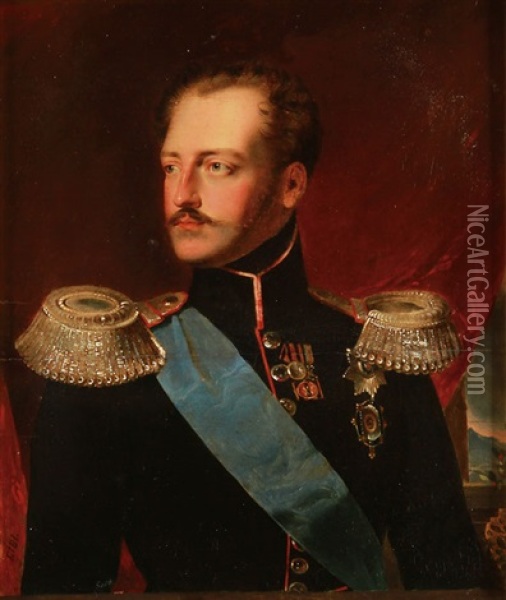 Portrait Of Tsar Nicholas I In Red Piped Uniform Wearing The Sash Of The Order Of St. George Oil Painting - Franz Eybl