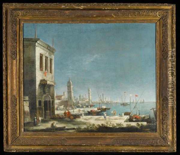 A Venetian Capriccio, With Figures On The Quay In The Forground, With Shipping Beyond Oil Painting - Michele Marieschi