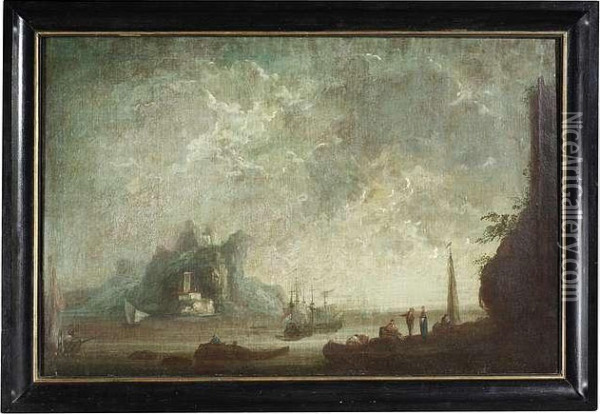 A Bay With Anchoring Ships And Various Figures. One In A Pair Oil Painting - Claude-joseph Vernet