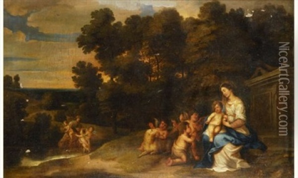 Vierge A L'enfant Avec Saint Jean Baptiste Et Angelots Dans Un Paysage Oil Painting - Peeter Van Avont