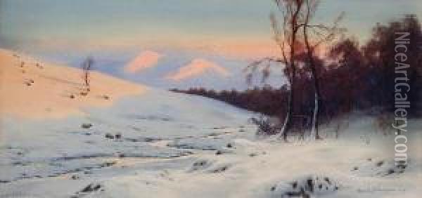 A Snowy Landscape With A Stream And Sheep On A Hillside Oil Painting - Edward Horace Thompson