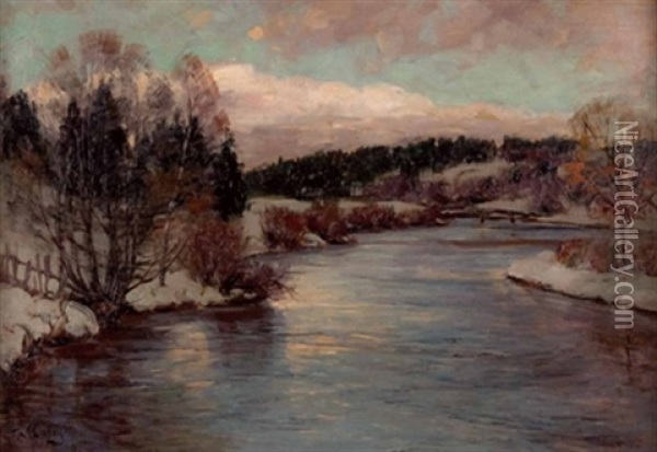 Winterliche Flusslandschaft Im Bayerischen Oil Painting - Robert Franz Curry