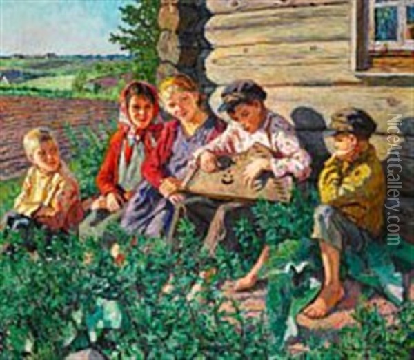 Summer Day In Russia With A Boy Playing Citar For The Girls Oil Painting - Nikolai Petrovich Bogdanov-Bel'sky