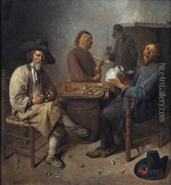 Peasants Smoking And Drinking In An Interior Oil Painting - Abraham Diepraam