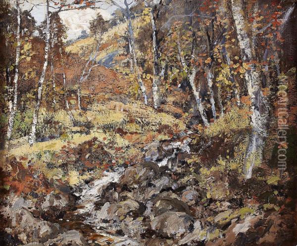 A Woodland Stream, Autumn Oil Painting - James Kay