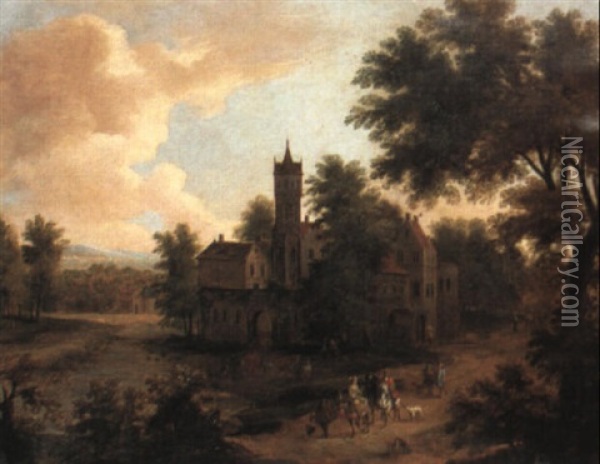 A Wooded Landscape With A Hawking Party Near A Walled Town Oil Painting - Pieter Bout