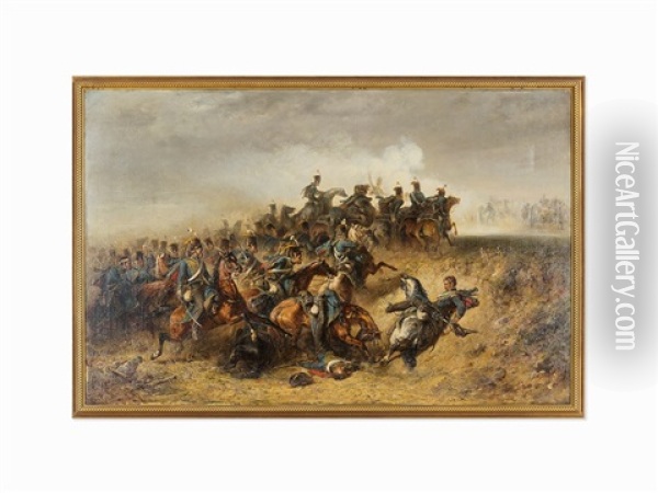 Prussian Hussars Attacking Artillery Oil Painting - Adolf Schreyer