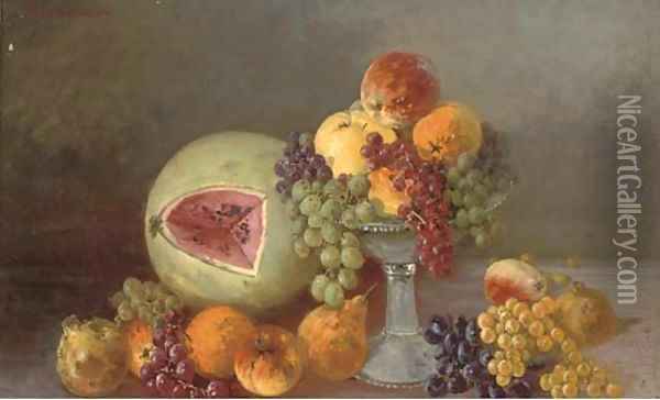 A melon, oranges, pears, grapes and pomegranates Oil Painting - Iulii Iul'evich (Julius) Klever