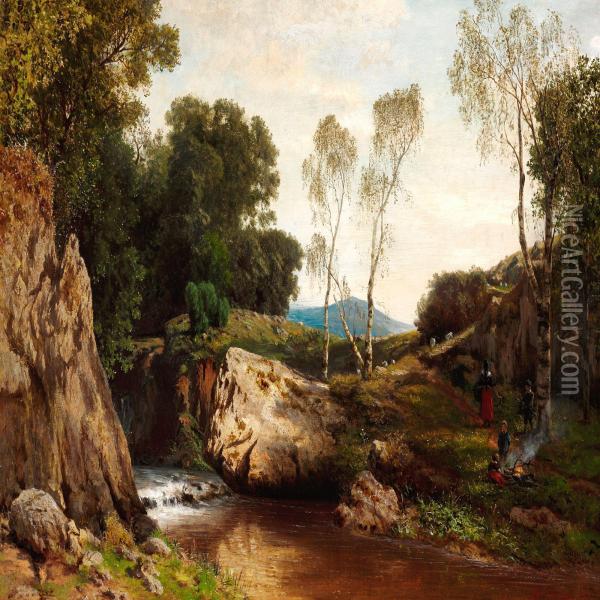 Children At A Stream In The Mountains Oil Painting - Albert Arnz