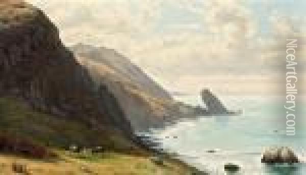 Coastal View With Cattle Grazing Oil Painting - Thaddeus Welch