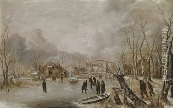 Winter Landscape With Skaters And Kolf Players On A Frozen Waterway By A Village Oil Painting - Jan Van De Cappelle