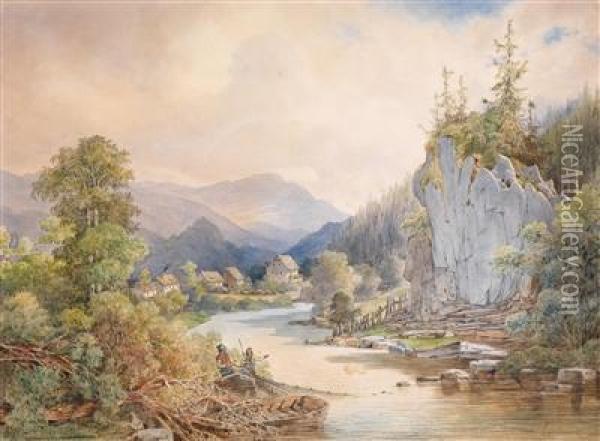 Landschaft Mit Einem Felsen Ambach Und Angler Oil Painting - Anton Ii Altmann