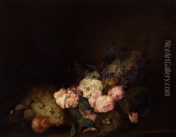 Opstilling Med Blomster, Frugter Og Fuglerede Med Aeg Oil Painting - Louis Vidal