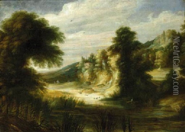 A Pool In A Wooded Landscape With Travellers In The Distance Oil Painting - Gysbrecht Leytens