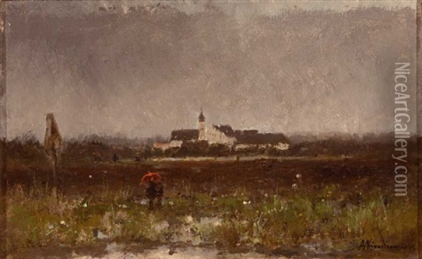 Unter Einem Roten Regenschirm Spazierendes Paar Oil Painting - Anton Windmaier the Elder