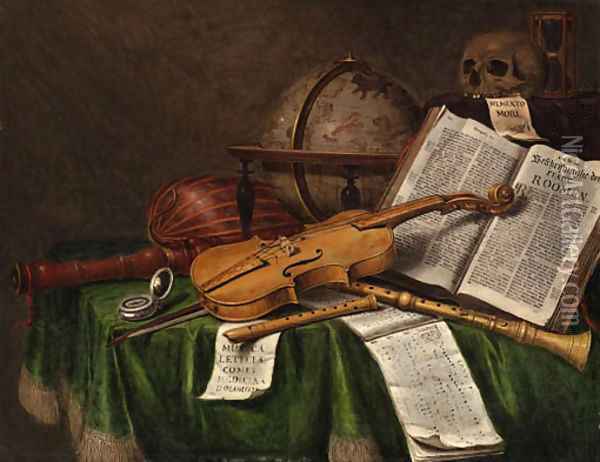 Vanitas still lifewith an astrological globe, a violin, a skull, an hourglass, an open book, a score, a watch, a lute and other musical instruments Oil Painting - Edwaert Collier
