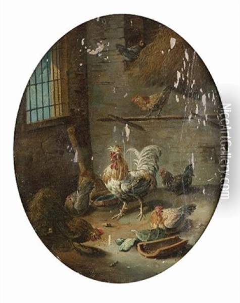 The Interior Of A Dovecote (+ A Cockerel And Hens In A Coop; Pair) Oil Painting - Giacomo (Jacobus) Victors