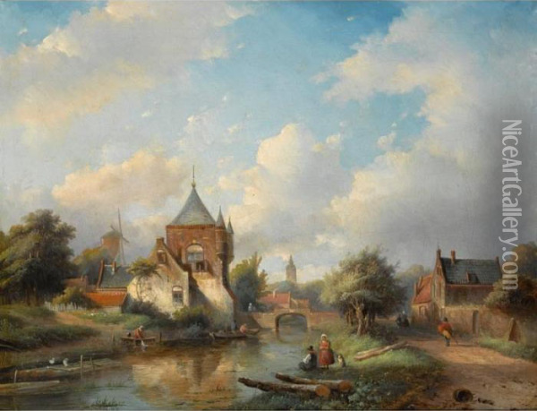 A Summer Landscape With Figures Along The River Side Oil Painting - Jan Jacob Coenraad Spohler