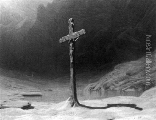 Kruzifix Vor Einem Zugefrorenen See In Den Walliser Alpen Oil Painting - Albert Henri John Gos