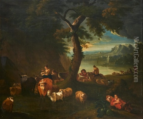 Pastoral Landscape With Shepherds And Their Animals Oil Painting - Nicolaes Petersz Berchem