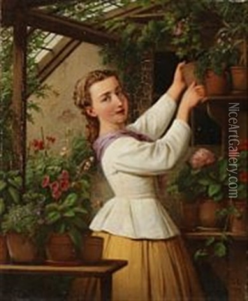 A Young Woman In A Greenhouse Oil Painting - Edvard Lehmann