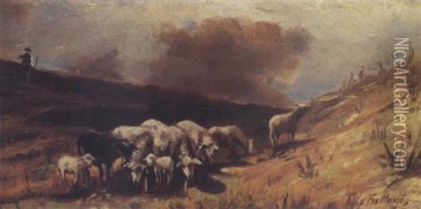 Cows And Sheep In A Stormy Landscape Oil Painting - Giovanni Fattori